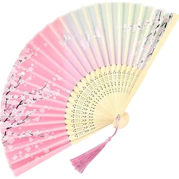 Karnevalový doplněk Čínský bambusový vějíř 21 x 38 cm Elegantní vějíř s růžovo-žlutým designem Květinový motiv Dekorace Dárek Tradiční asijský styl