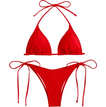 Dámské plavky Dámské dvoudílné bikiny Trojúhelníková podprsenka Tanga kalhotky Zavazování na šňůrky Klasický minimalistický letní střih na pláž červená S