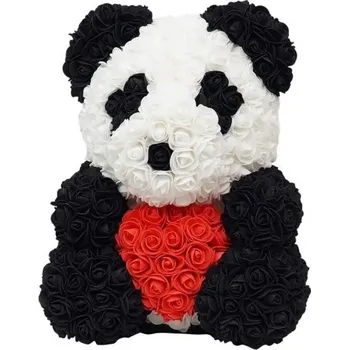 Medvídek panda s červeným srdcem z umělých růží Valentýnský dárek Romantická dekorace Ručně vyráběná květinová figurka Luxusní ozdoba 25 cm