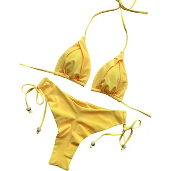 Dámské plavky Dámské bikiny s trojúhelníkovým topem a korálkovým zdobením Nastavitelné plavky se šňůrkami Elegantní dvoudílný plážový komplet žlutá L