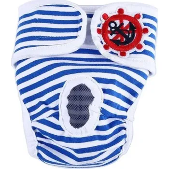Obleček pro psa Hárací kalhotky pro psy pruhované s námořnickým motivem Velikost XXL Obvod pasu 55-65 cm Pratelné hygienické kalhotky pro feny modrá