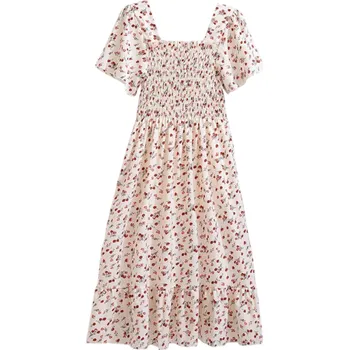 Dámské šaty Dlouhé květinové šaty s nabíraným živůtkem a volánovým lemem Romantické letní šaty s krátkými rukávy a čtvercovým výstřihem béžova