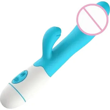 Vibrátor Dvojitý vibrátor s vystouplou hlavicí, 30 vibračními režimy a výstupkem pro klitoris 19,5x3,3 cm silikonový povrch diskrétní balení modrá