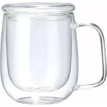 Skleněný šálek s dvojitou stěnou 250 ml 10,5 x 7,5 cm Tepelně odolný hrneček s hranatým uchem a víčkem Termo sklenice na čaj, kávu, latté