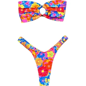 Dámské plavky Pestrobarevné bikiny s květinovým vzorem a kruhovým spojem Dvoudílné plavky bez ramínek Nabíraný letní komplet na pláž a dovolenou S