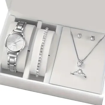 Hodinky Sada dámské hodinky a šperky s drahokamy Stříbrná barva Náramek Náušnice Řetízek Prsten Elegantní šperková sada Dárek pro ženy