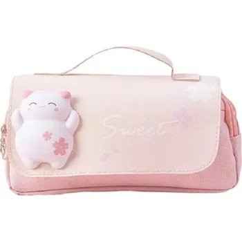 Penál Dívčí penál s kočkou se dvěma kapsami na zip 21 x 10,5 x 5,5 cm