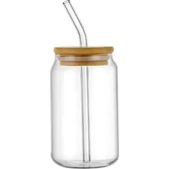Sklenice Skleněná průhledná láhev 350 ml se skleněným brčkem a bambusovým víčkem 12,3 x 6 cm Ekologická láhev na pití pro studené nápoje