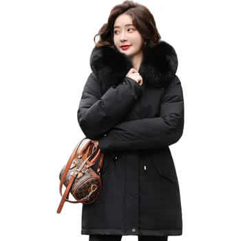 Dámský zimní kabát s chlupatou kapucí černá S