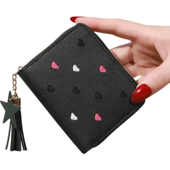 Peněženka Mini peněženka se srdíčky a střapcem s hvězdou 10,7x2x8,3 cm více než 6 přihrádek zipová kapsa na mince dlouhý zip podél peněženky elegantní design černá