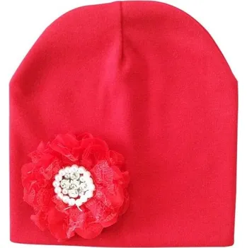 Čepice Dívčí čepice s květinou červená