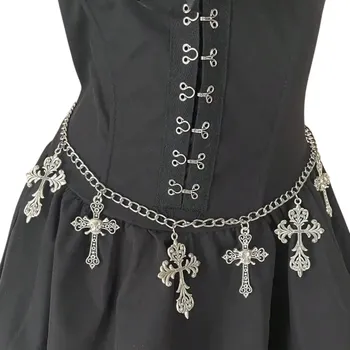Opasek Gotický kovový řetěz na pás s krucifixy Stylový páskový doplněk Punk rock metal gotika Módní ozdoba na kalhoty, sukně i šaty