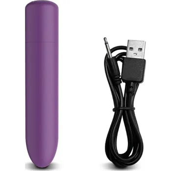 Vibrátor Silikonový mini vibrátor 10x2 cm ve tvaru nábojnice s 10 vibračními módy a nabíjením přes USB diskrétní balení fialová