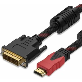 Redukce Adaptér DVI samec na HDMI samec 5 m Obousměrný černo-červený textilní kabel Full HD Stabilní přenos obrazu Propojení monitoru a grafické karty