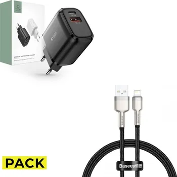 PACK NABÍJEČKA NA MOBIL A TABLET TECH-PROTECT C20W 2-PORT NETWORK CHARGER PD20W/QC3.0 BLACK + KABEL TECH-PROTECT ULTRABOOST LIGHTNING CABLE 2.4A 25CM BLACK