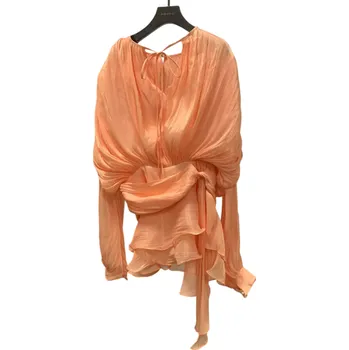 Dámské šaty Krátké šaty s balónovými rukávy a vázáním u krku Volánová sukně se zavinovacím efektem Lehký splývavý materiál Elegantní minišaty oranžová S