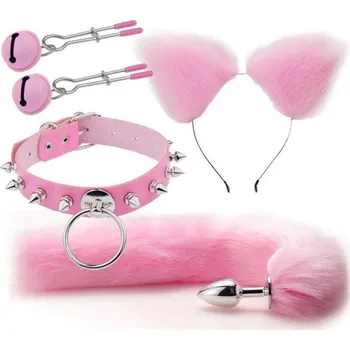 Vibrátor Sada 4v1 kovový anální kolík s liščím ocáskem a čelenka s ušima obojek s hroty klipy na bradavky diskrétní balení růžová