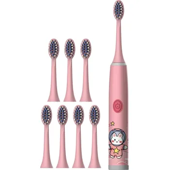 Zubní kartáček Dětský elektrický zubní kartáček s vesmírným designem Měkký elektrický zubní kartáček se zvířátky pro děti s 8 náhradními hlavicemi Voděodolný kartáček na AA baterii s astronauty IPX7 růžová