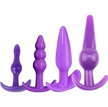 Vibrátor Sada 4 ks análních silikonových kolíků různých tvarů hladký povrch ergonomický design snadná údržba v diskrétním balení fialová