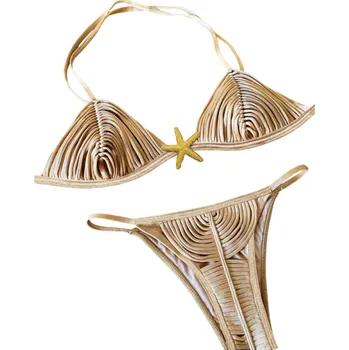 Dámské plavky Dámské dvoudílné bikiny s třásněmi a hvězdicí Trojúhelníkový top se zavazováním a tanga kalhotky na šňůrky Plavky na léto béžova M