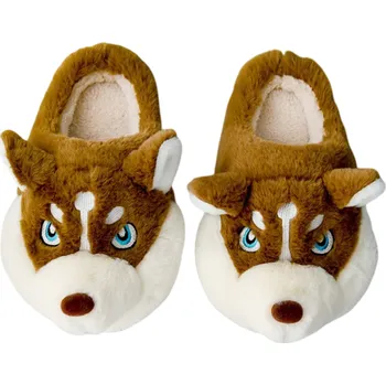 Pánská móda Plyšové pantofle ve tvaru psa husky Měkké domácí papuče s protiskluzovou podrážkou Roztomilé psí pantofle na zimu Teplá zimní obuv hnědá 40-41
