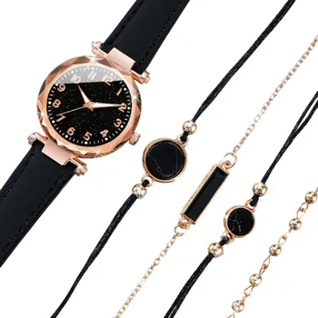 Hodinky Sada dámské hodinky s koženým páskem černá barva a 4 náramky Elegantní set Hodinky a šperky pro ženy Stylový dárek