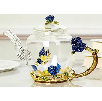 Konvice na čaj Skleněná čajová konvice růže modrá