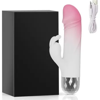 Vibrátor Dvoubarevný silikonový vibrátor 14,5 cm s králičí hlavou, 10 vibračních režimů, voděodolný, diskrétní balení bílá