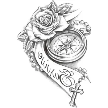Odstranitelné tetování Dočasné tetování kompas růže růženec 10 x 20 cm Voděodolné nalepovací tetování Tetovací samolepka Pro muže i ženy Dočasná tělová dekorace