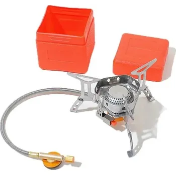 Kempingové nádobí Kempingový nerezový plynový vařič 3000W Skládací hořák 16x8 cm Hadice 37 cm Kompaktní velikost Úložný box Outdoor vaření na cestách