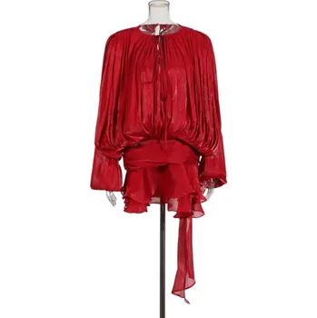 Dámské šaty Krátké šaty s balónovými rukávy a vázáním u krku Volánová sukně se zavinovacím efektem Lehký splývavý materiál Elegantní minišaty červená XL