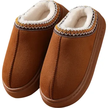 Dámské pantofle Hřejivé zimní pantofle s měkkým kožíškem Domácí bačkory s vyšší platformou Ozdobná výšivka Teplé pohodlné přezůvky Protiskluzová podrážka hnědá 40-41