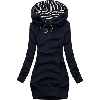 Dámské šaty Mikinové šaty s kapucí a klokaní kapsou Dlouhý rukáv Stahovací šňůrka Jednobarevné volnočasové šaty Pohodlný střih Neformální styl tmavě modrá XL