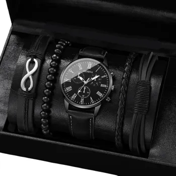 Hodinky Sada pánské hodinky s koženým páskem černá barva 3 kožené náramky symbol nekonečna 1 korálkový náramek Elegantní dárek