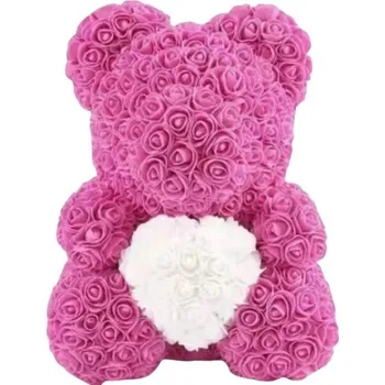 Medvídek se srdíčkem z umělých růží Romantický dárek Valentýn Výročí Luxusní květinová figurka Ručně vyráběná dekorace Interiérová ozdoba 25 cm bílá