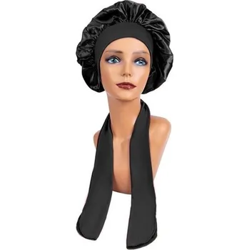 Sprchovací čepice Dámská saténová čepice na spaní s páskem černá