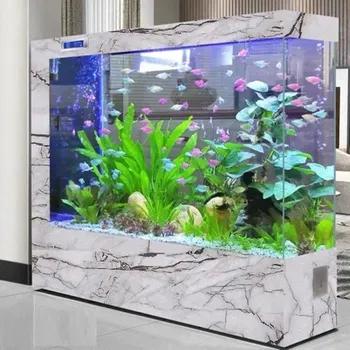 Akvaristika Velké stojací akvárium 130 x 35 x 130 cm Obdélníkové domácí akvárium s mramorovým vzorem LED osvětlení Filtrace Displej Ekologická příčka šedá