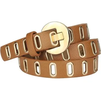 Opasek Grunge Punk dámský pásek z PU kůže šířka 2,3 cm s kovovou přezkou 4 cm Stylový tenký opasek Módní doplněk k šatům Kalhotám Sukním hnědá 110 cm