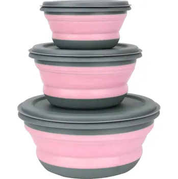Sada 3x silikonové skládací misky s víkem Kulaté misky na potraviny Přenosné dózy na jídlo Skladné nádoby na cesty růžová