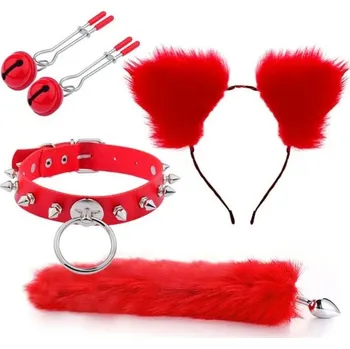 Vibrátor Sada 4v1 kovový anální kolík s liščím ocáskem a čelenka s ušima obojek s hroty klipy na bradavky diskrétní balení červená