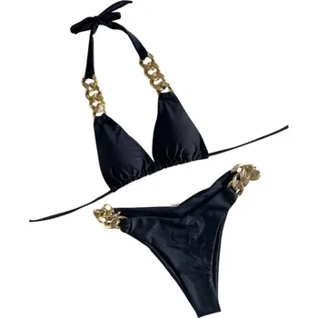 Dámské plavky Luxusní dámské bikiny s kovovým řetízkem na ramínkách a bocích Trojúhelníkový top a plavky s elegantním leskem na léto černá S