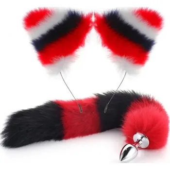 Vibrátor Kovový anální kolík s barevným liščím ocáskem a čelenkou s ušima hladký povrch ergonomický design diskrétní balení černá