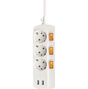 Elektrická zásuvka Přepěťová ochrana 3x zásuvka s vypínači, 2x USB 2,5 m