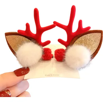 2 ks Dětské sponky do vlasů Jelení parohy a uši Bílé a červené bambule Vánoční vlasové doplňky Roztomilé vánoční ozdoby do vlasů červená