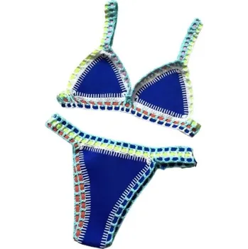 Dámské plavky Dámské dvoudílné háčkované bikiny Trojúhelníková podprsenka Brazilky Ručně šité obšití Letní plavky na pláž a koupání styl boho modrá S