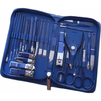 Sada na manikúru a pedikúru z nerezové oceli Multifunkční nástroje na nehty na rukou a na nohou Sada manikúrních nůžek, pilník, ušní lžička, kleštičky, pinzeta Set nástrojů v koženém pouzdru 30 ks modrá