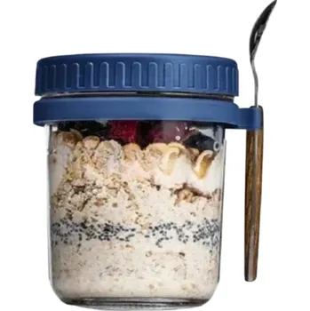 Termobox Skleněná dóza na jídlo 350 ml s víčkem a lžičkou 12 x 9 cm Uzavíratelná nádoba na svačinu Sklenice na musli Jogurt do práce Školní oběd modrá