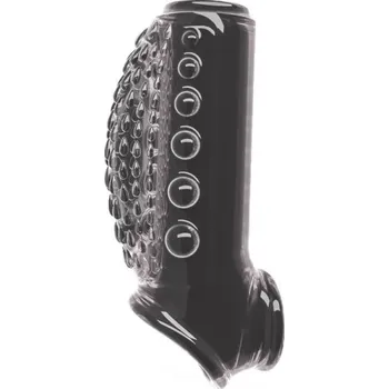 Vibrátor Silikonový návlek na penis s masážními bublinkami a vyvýšením s integrovaným úchytem za varlata ve stylu škrtícího kroužku Diskrétní balení černá