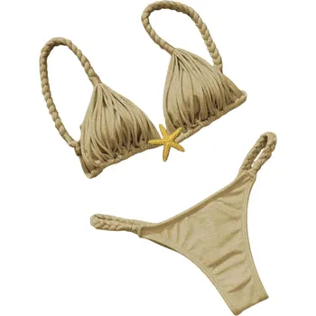 Dámské plavky Dámské dvoudílné bikiny s copánkovými ramínky a hvězdicí Trojúhelníkový top s třásněmi a tanga kalhotky Ideální plavky na léto béžova M