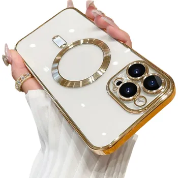 Pouzdro na mobilní telefon Průhledný kryt s podporou MagSafe a ochranou kamery pro iPhone 15 zlatá